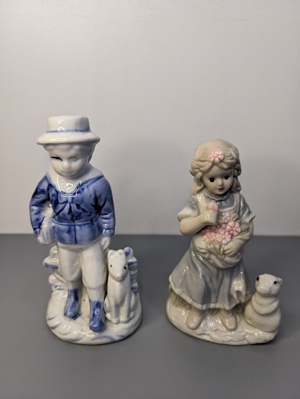 Japan Bisque Boy And Girl Figurines 1950s 1960s Pastel Porcelain Vintage